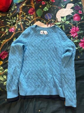 Calvin Klein Jeans Sky Blue Cable Knit Crew Sweater with Navy Trim